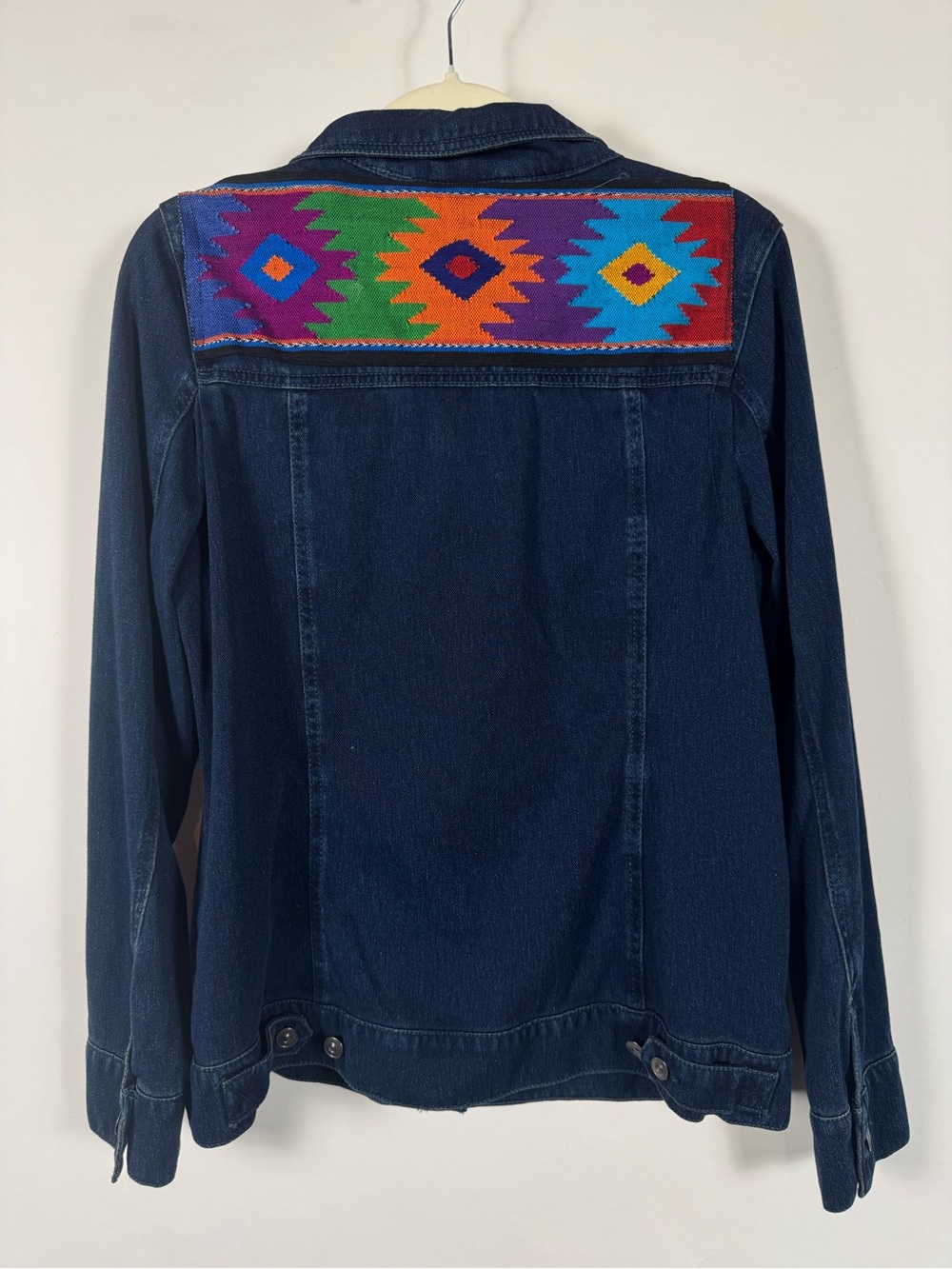 Gloria Vanderbilt M Denim Jacket Southwestern Aztec Woven Boho Artisan Eclectic